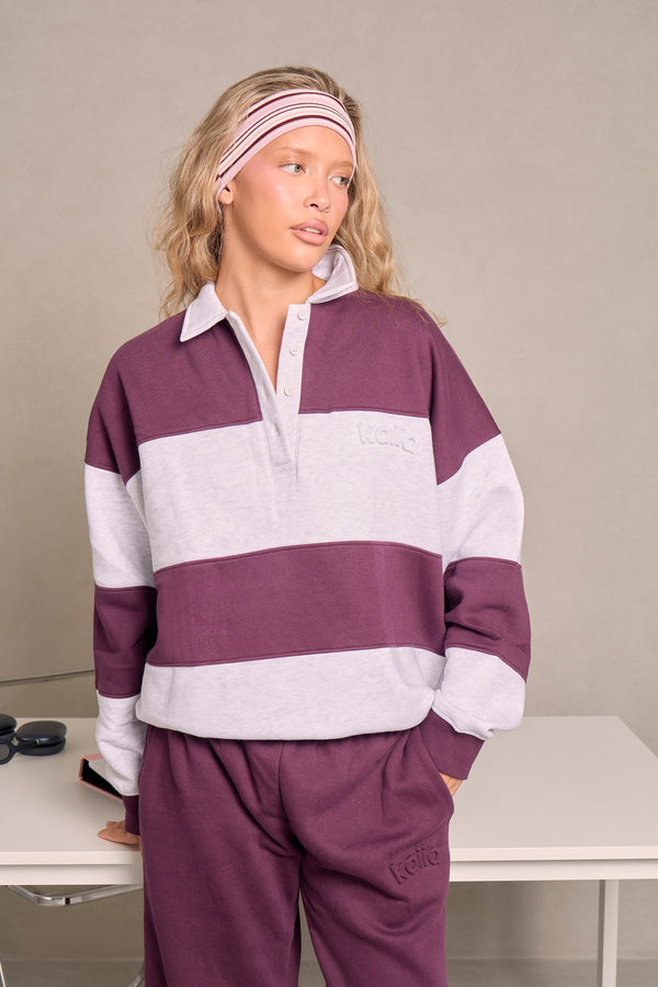 Kaiia Striped Oversized Rugby Sweatshirt Light Grey Marl & Deep Plum