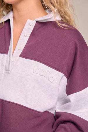 Kaiia Striped Oversized Rugby Sweatshirt Light Grey Marl & Deep Plum