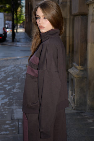 Kaiia Vintage Stripe Oversized Zip Through Sweatshirt Bitter Chocolate & Mauve
