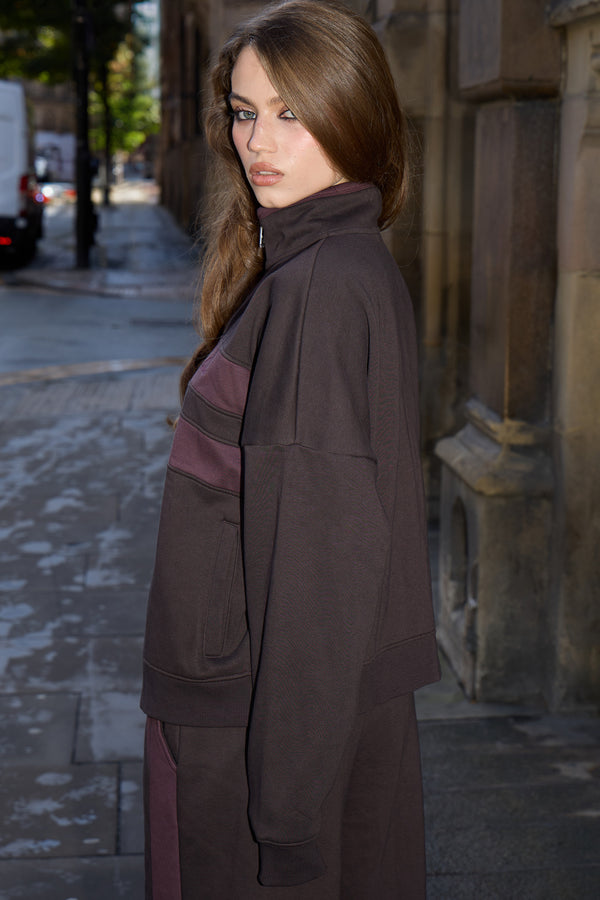 Kaiia Vintage Stripe Oversized Zip Through Sweatshirt Bitter Chocolate & Mauve