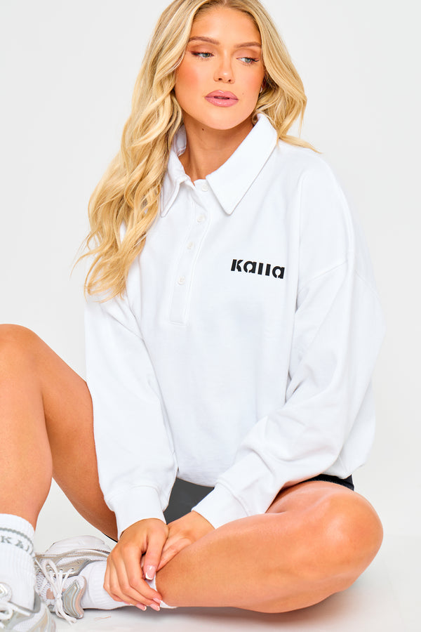 Kaiia Rugby style Button Up Sweatshirt White