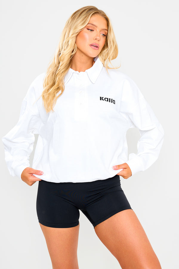 Kaiia Rugby style Button Up Sweatshirt White