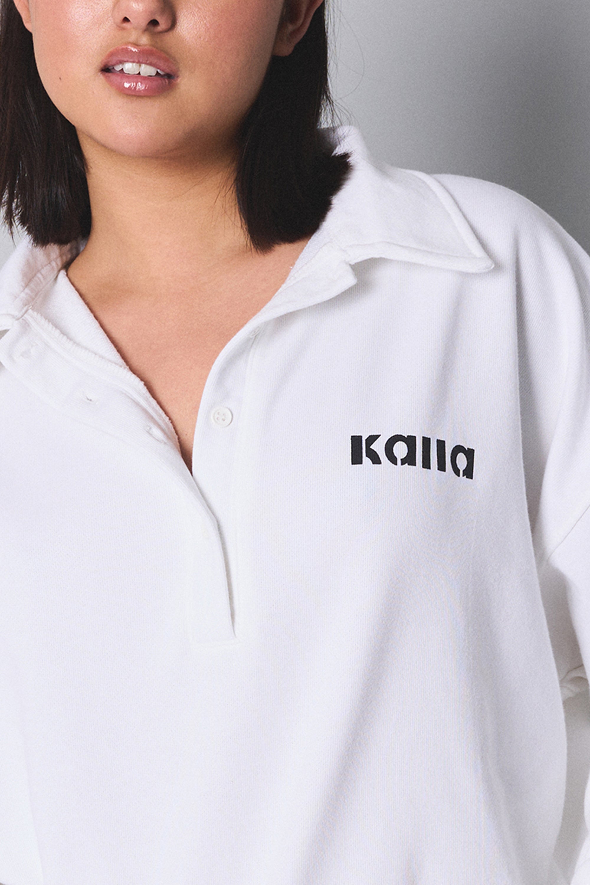 Kaiia Rugby style Button Up Sweatshirt White