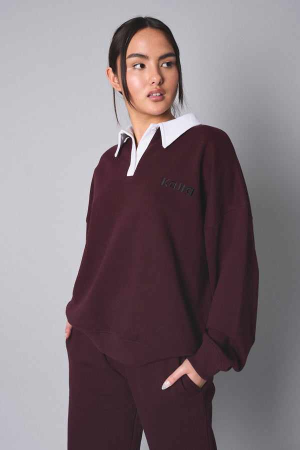 Kaiia Contrast Collar Oversized Rugby Sweatshirt Burgundy