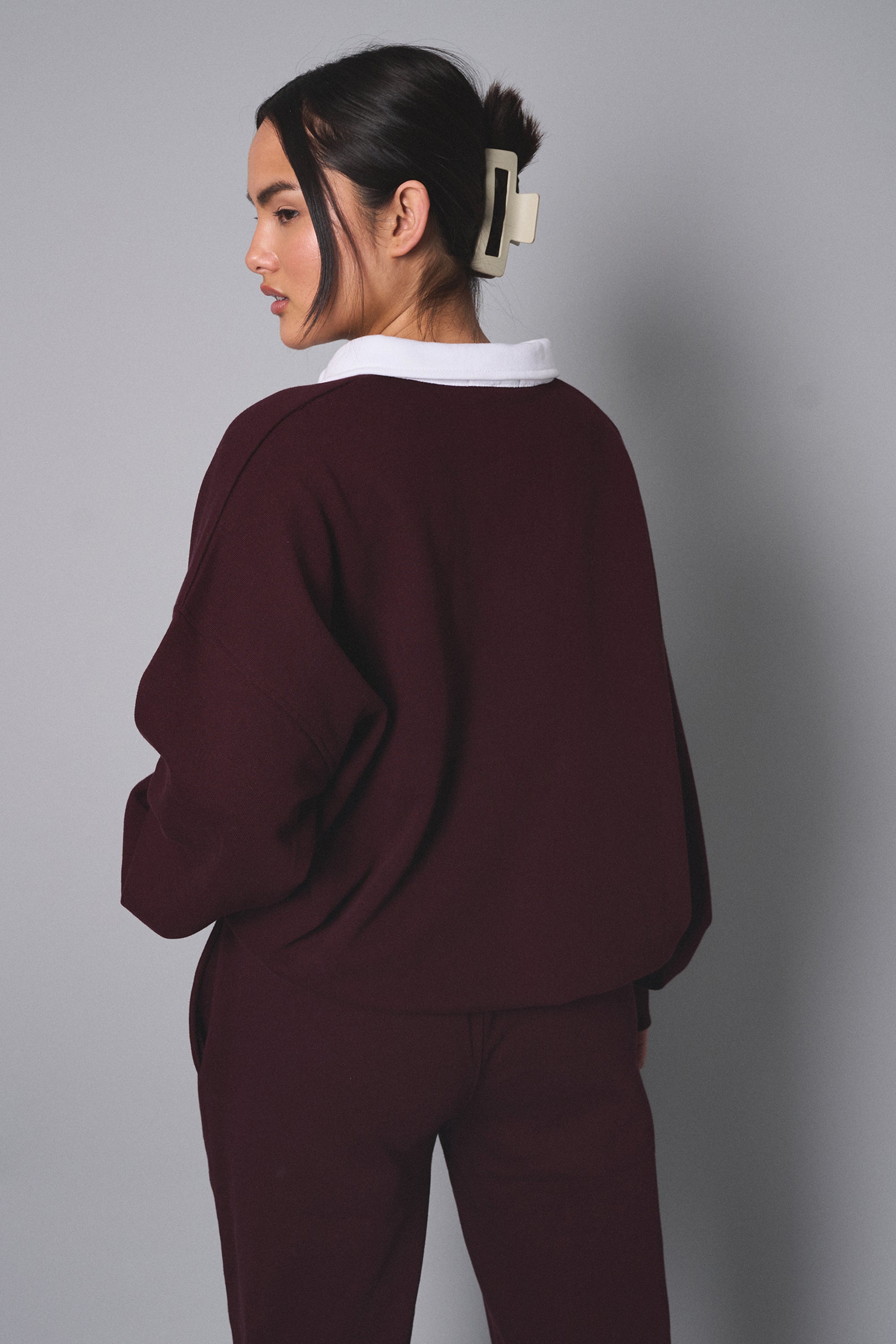 Kaiia Contrast Collar Oversized Rugby Sweatshirt Burgundy