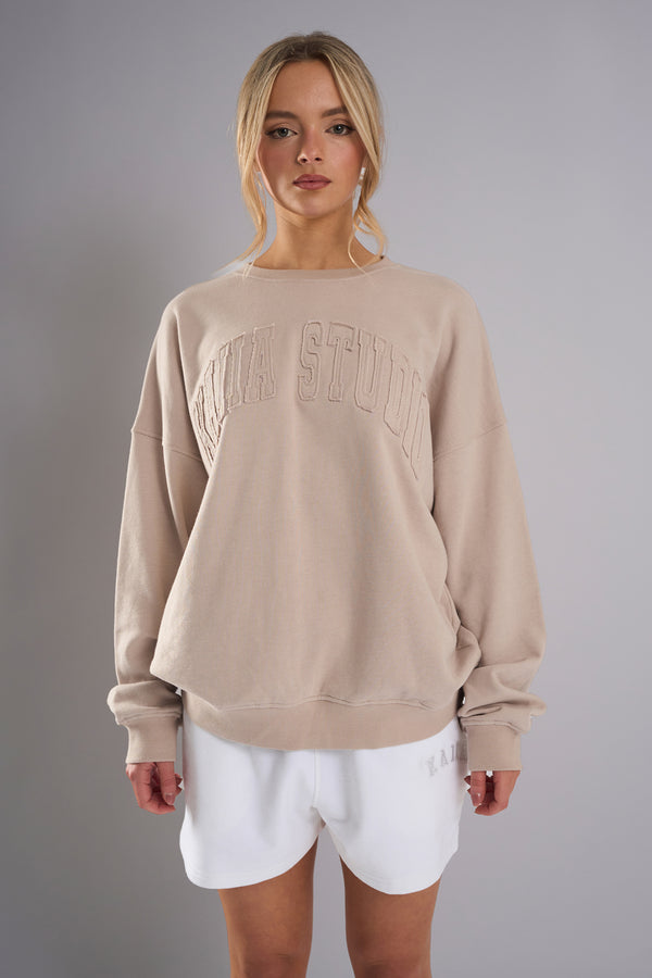 Kaiia Studio Distressed Applique Sweatshirt Stone