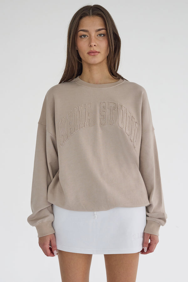 Kaiia Studio Distressed Applique Sweatshirt Stone