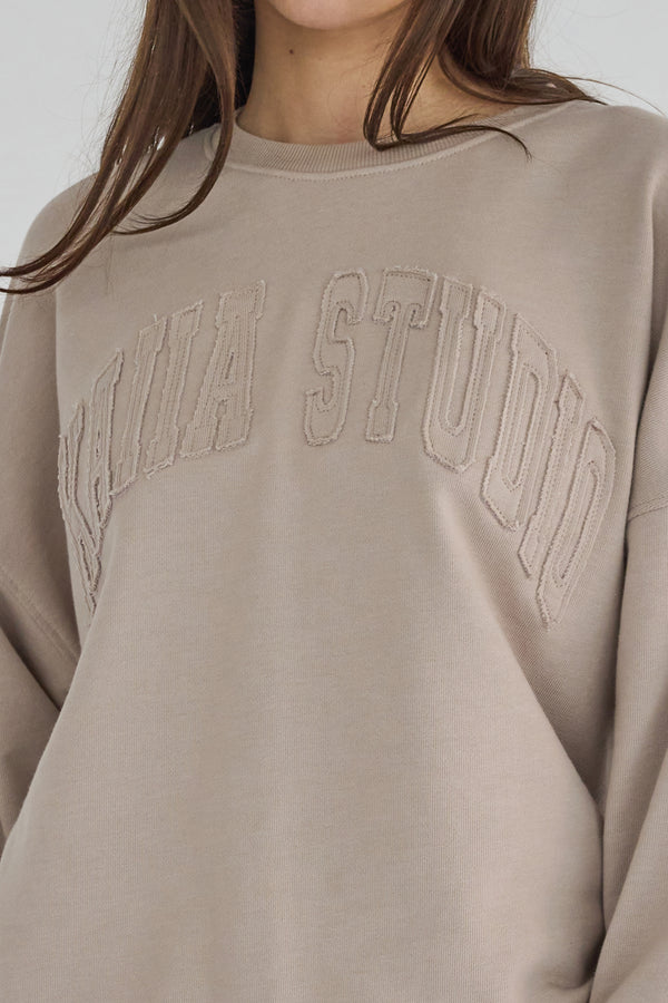 Kaiia Studio Distressed Applique Sweatshirt Stone