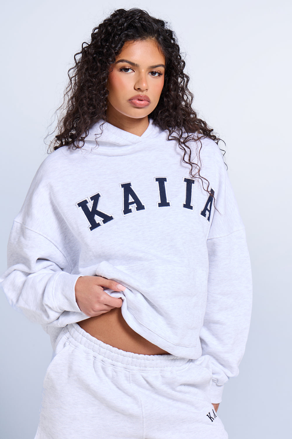 Kaiia Slogan Oversized Hoodie Light Grey Marl & Navy