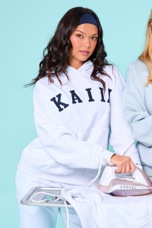 Kaiia Slogan Oversized Hoodie Light Grey Marl & Navy