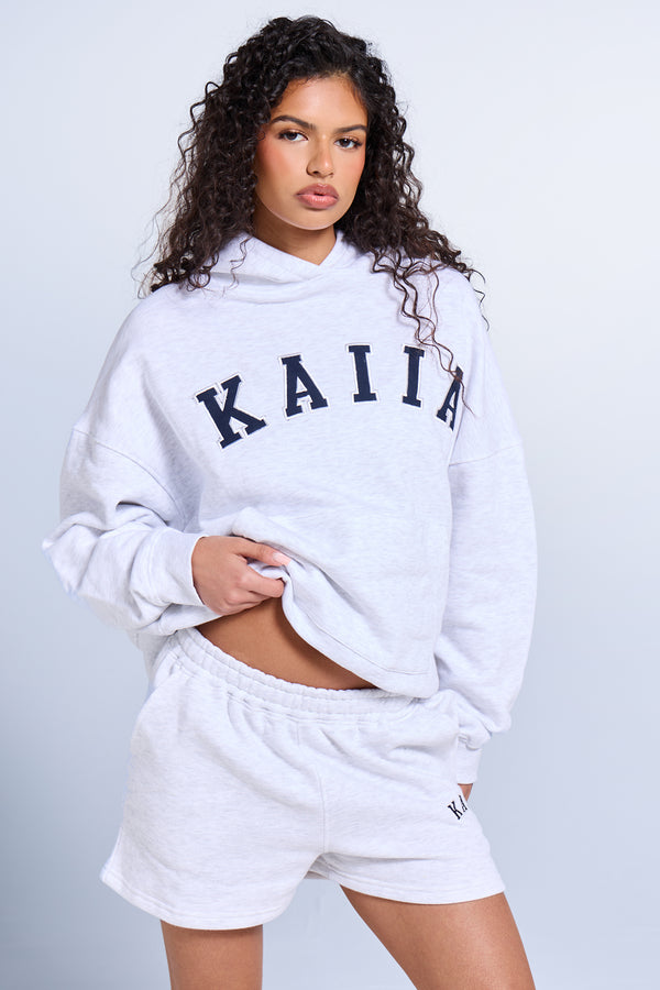 Kaiia Slogan Oversized Hoodie Light Grey Marl & Navy