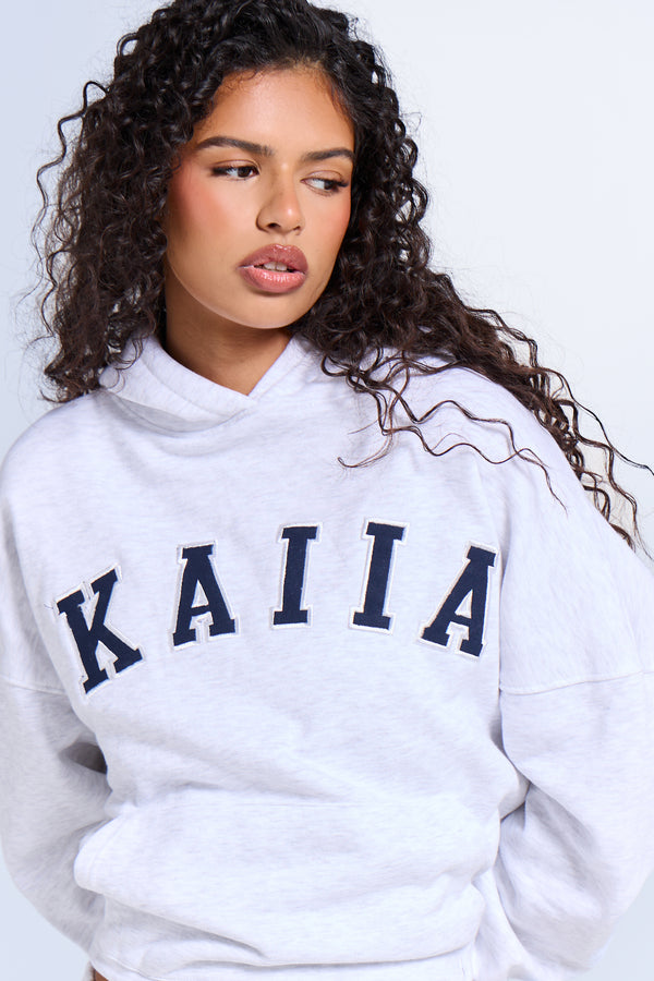 Kaiia Slogan Oversized Hoodie Light Grey Marl & Navy