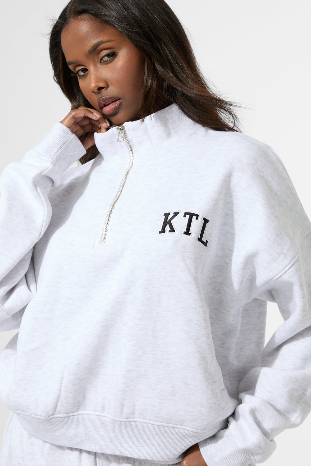 Kaiia KTL Logo Oversized Quarter Zip Sweatshirt Light Grey Marl