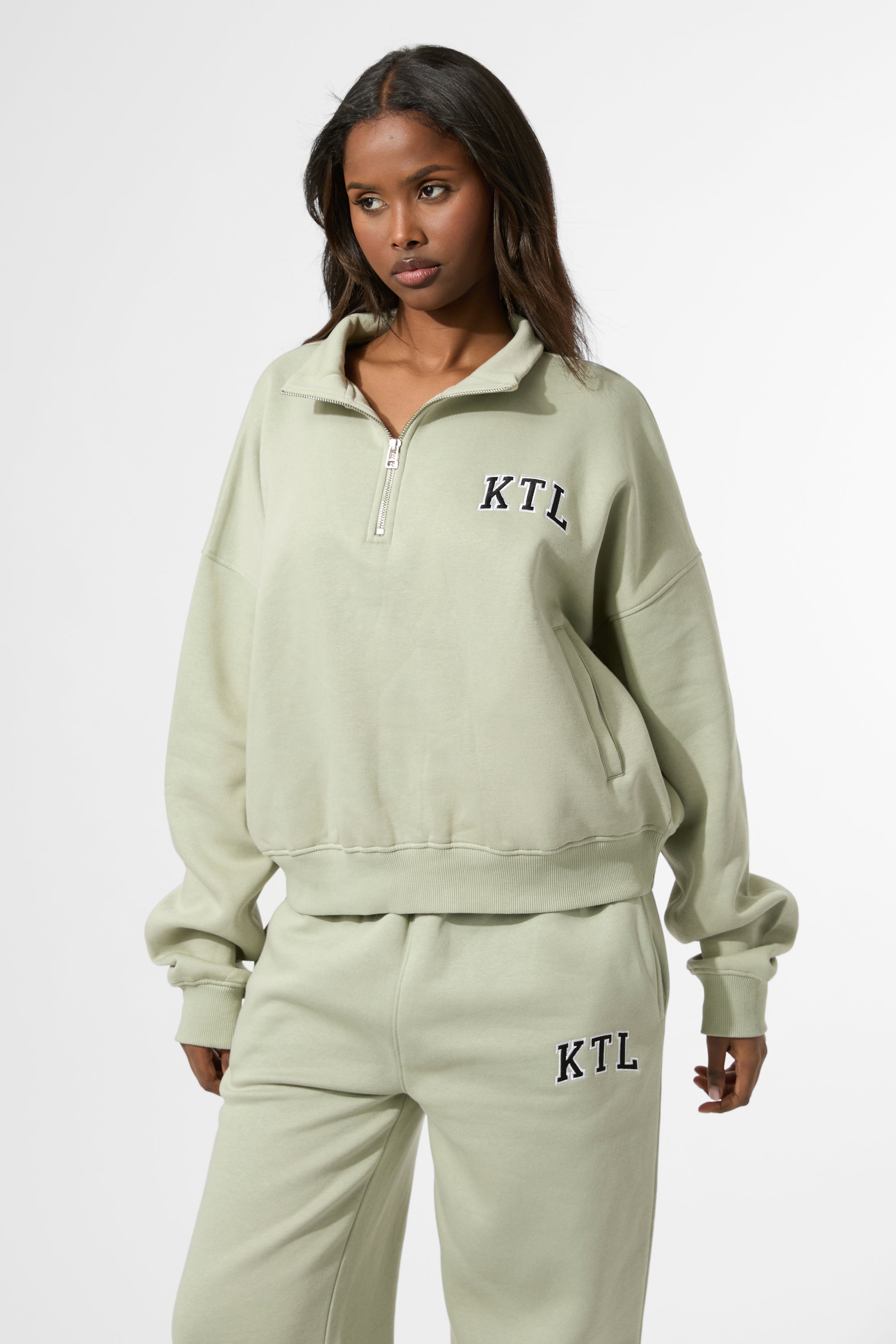 Kaiia KTL Logo Oversized Quarter Zip Sweatshirt Sage