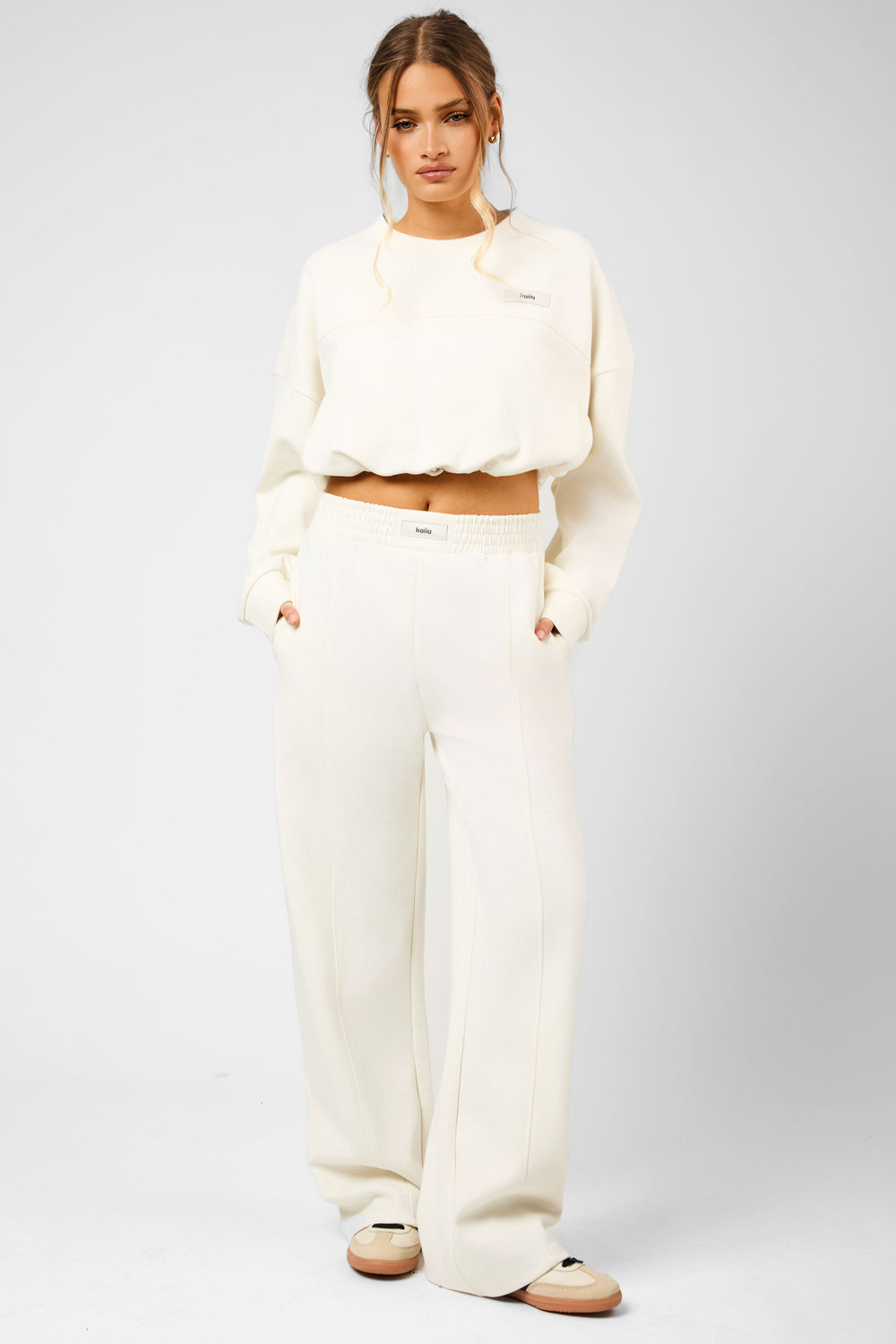 Kaiia Label Logo Premium Interlock Drawcord Sweatshirt Cream