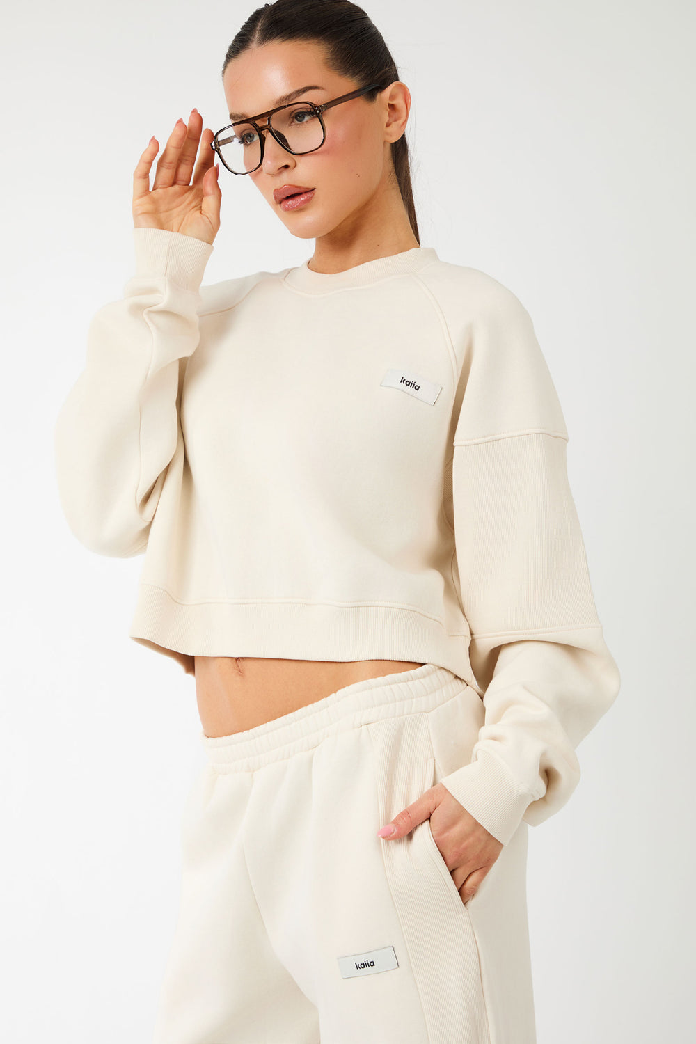 Kaiia Label Logo Rib Panel Cropped Oversized Sweatshirt Cream