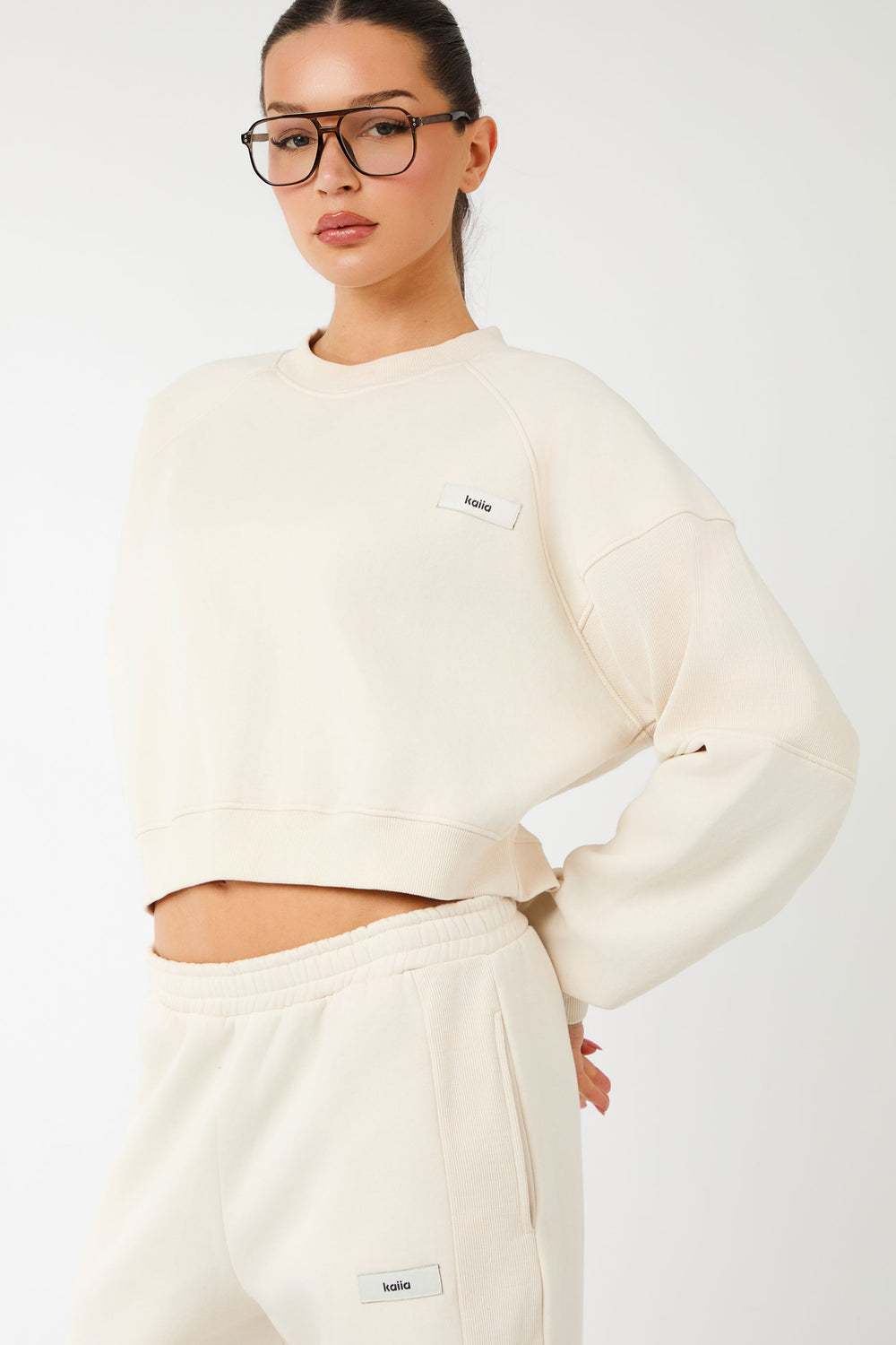 Kaiia Label Logo Rib Panel Cropped Oversized Sweatshirt Cream