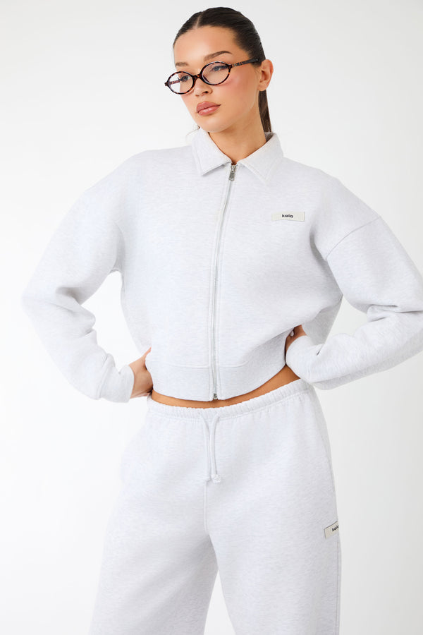 Kaiia Label Logo Collared Zip Through Sweatshirt Light Grey Marl