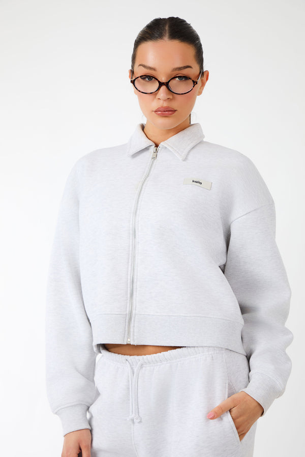 Kaiia Label Logo Collared Zip Through Sweatshirt Light Grey Marl