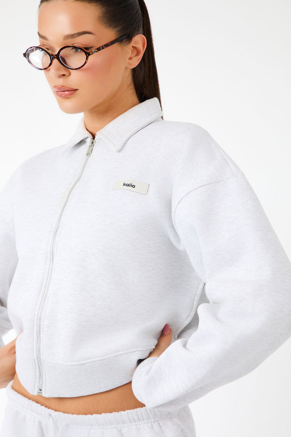 Kaiia Label Logo Collared Zip Through Sweatshirt Light Grey Marl