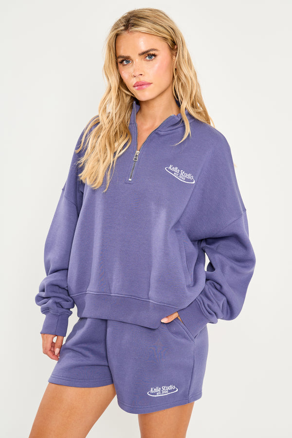 Kaiia Running Club Logo Quarter Zip Sweatshirt Light Navy