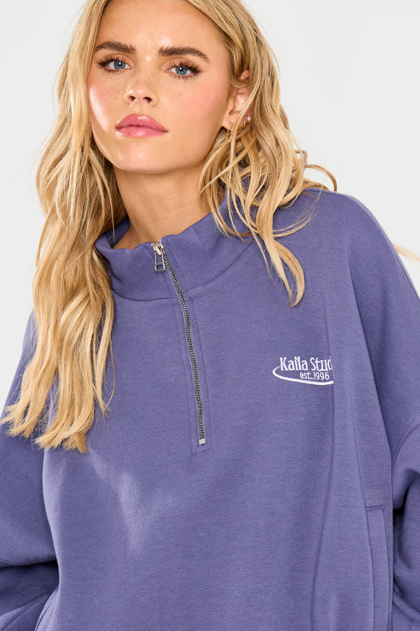 Kaiia Running Club Logo Quarter Zip Sweatshirt Light Navy
