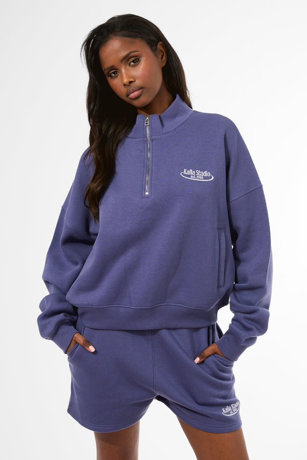 Kaiia Running Club Logo Quarter Zip Sweatshirt Light Navy