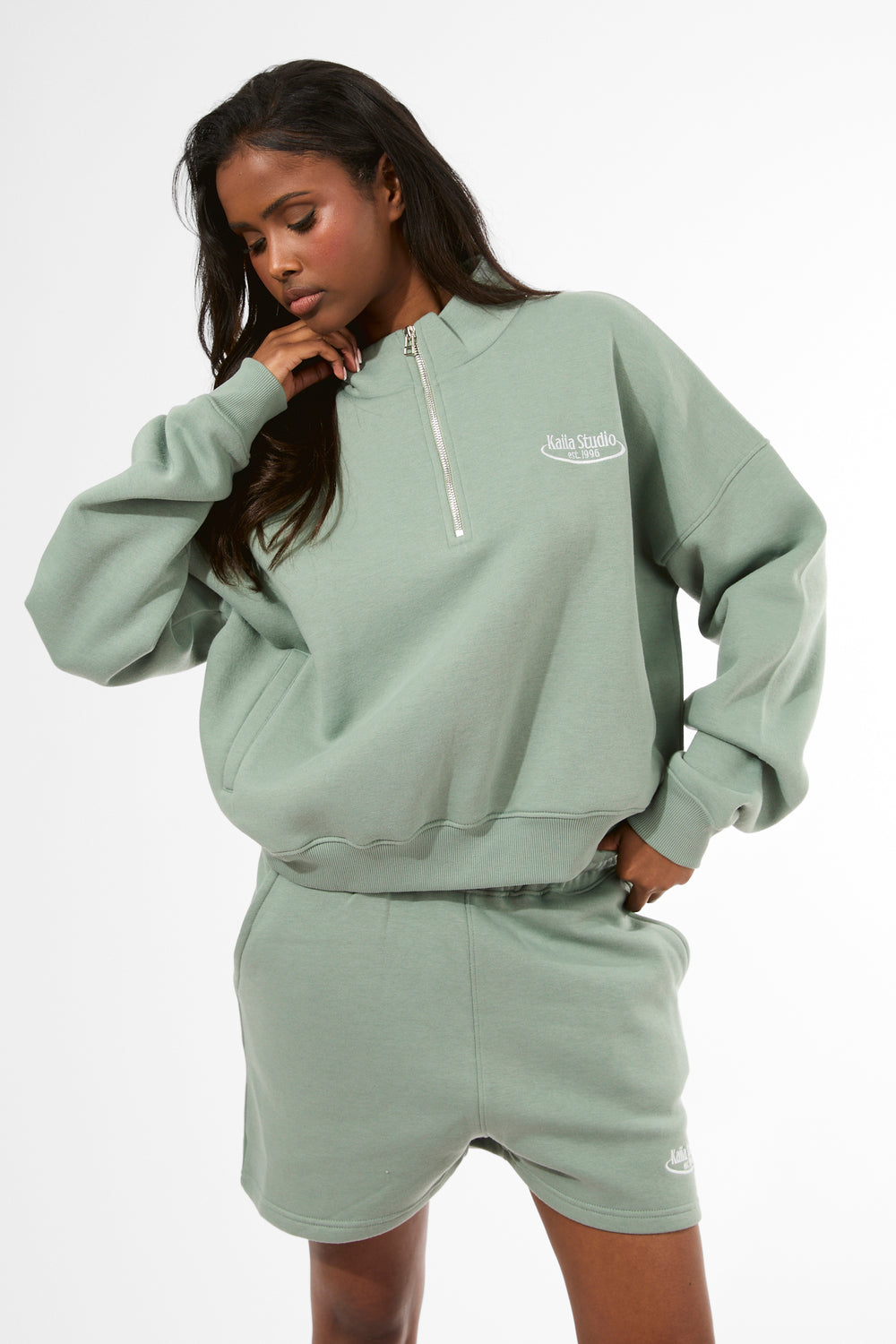 Kaiia Running Club Logo Quarter Zip Sweatshirt Green Tea