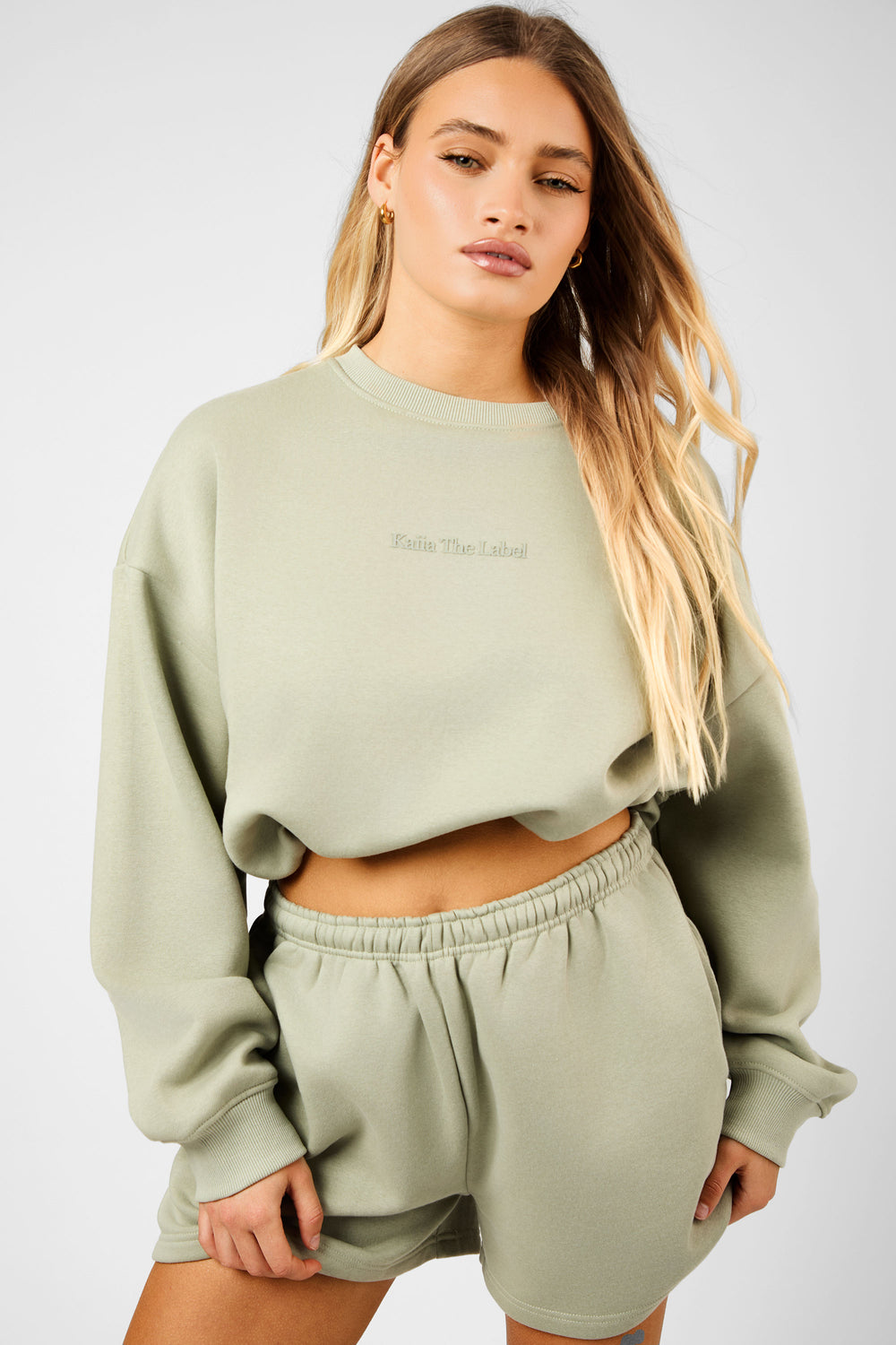 Kaiia The Label Bubble Hem Cropped Sweatshirt Sage