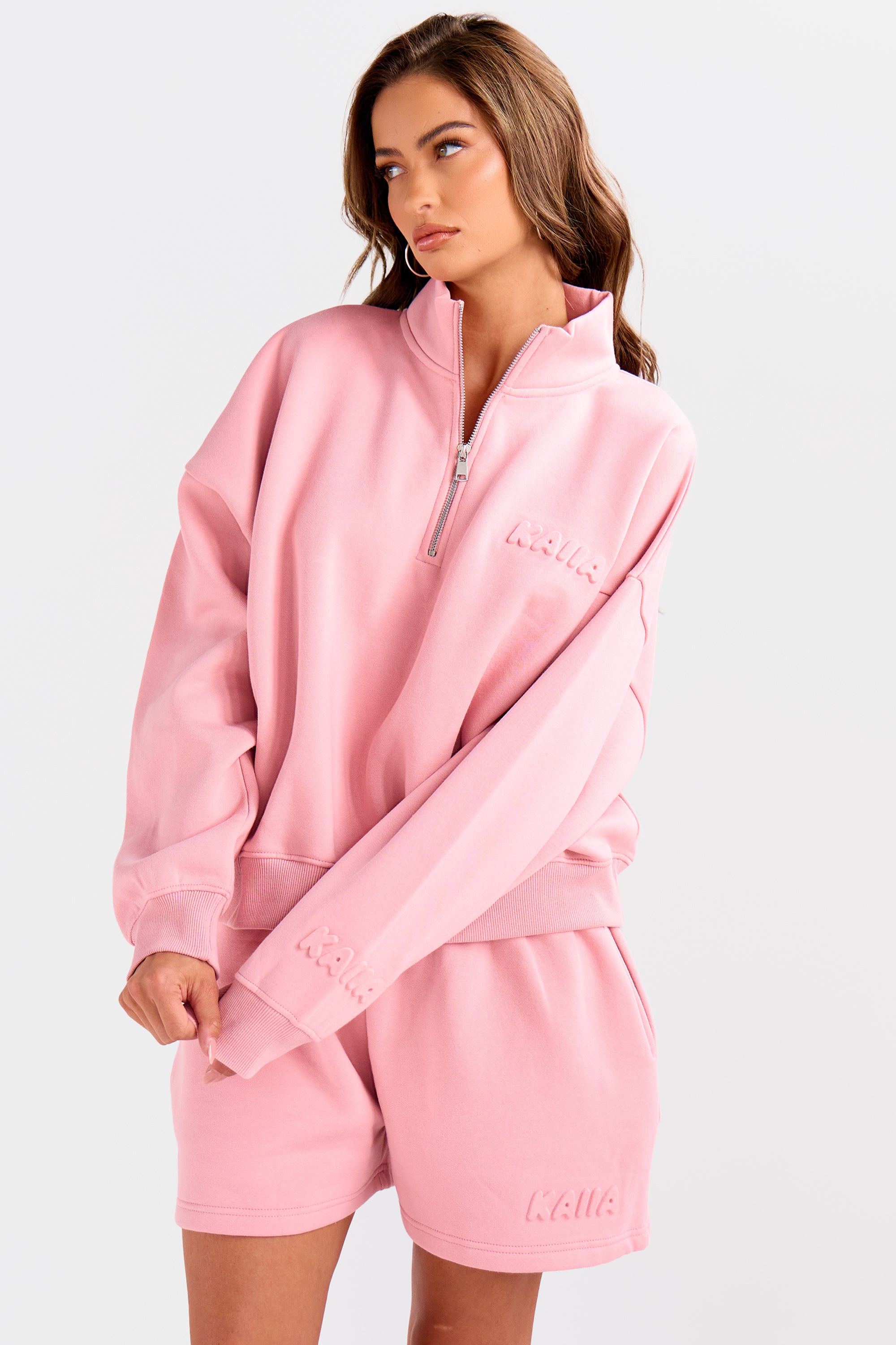 Kaiia Embossed Bubble Logo Quarter Zip Oversized Sweatshirt Dusty