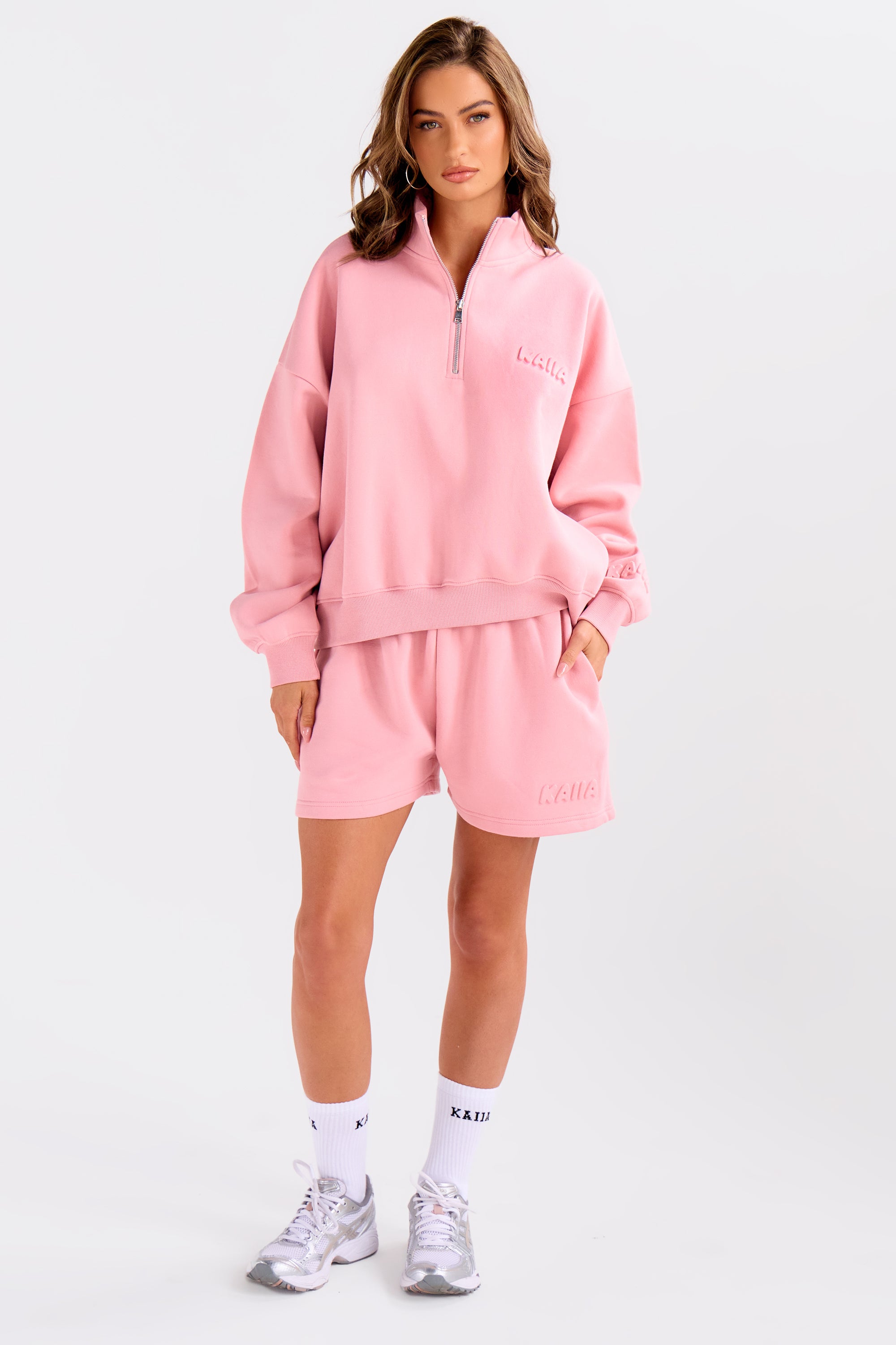 Kaiia Embossed Bubble Logo Quarter Zip Oversized Sweatshirt Dusty