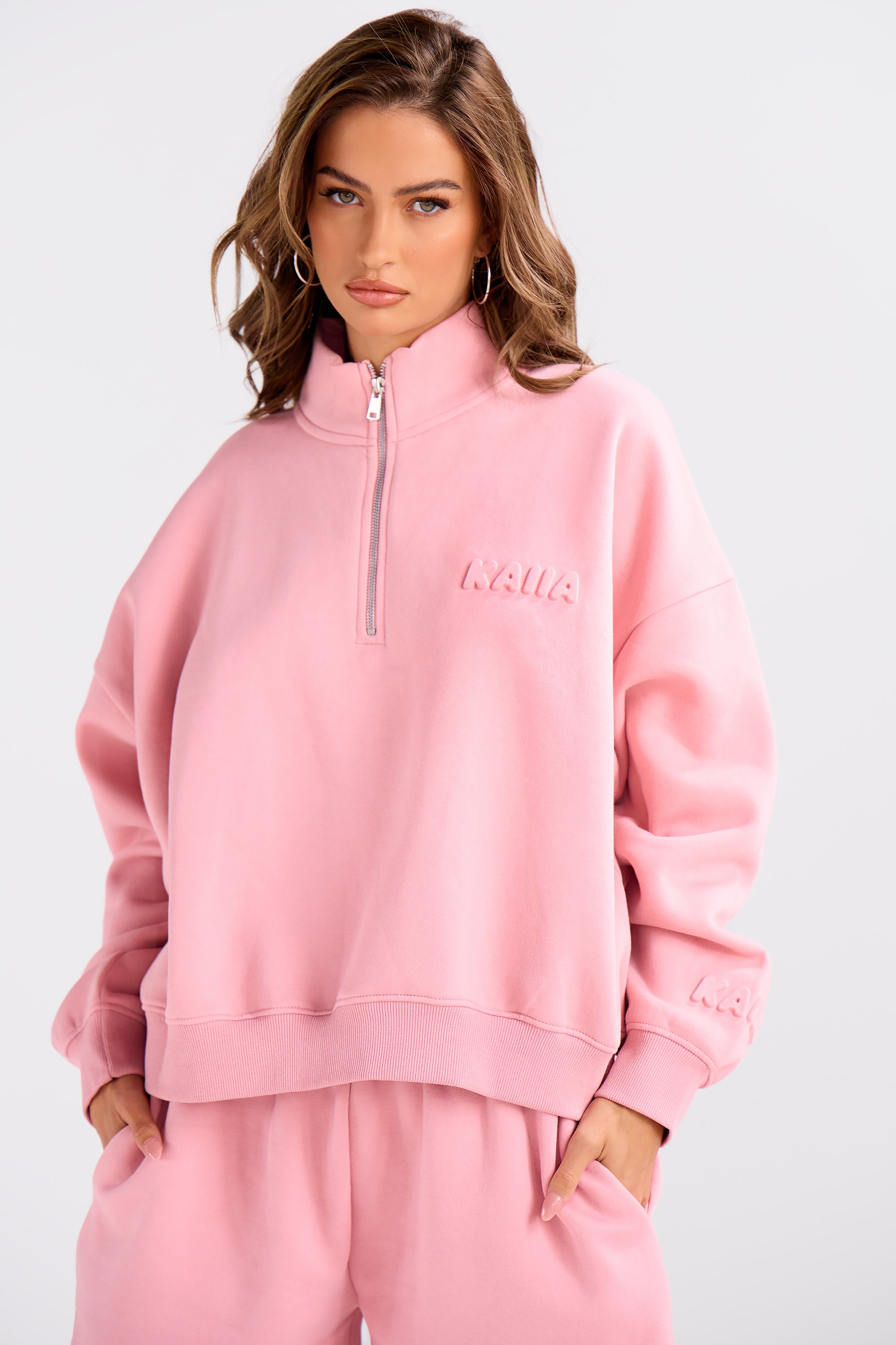 Kaiia Embossed Bubble Logo Quarter Zip Oversized Sweatshirt Dusty