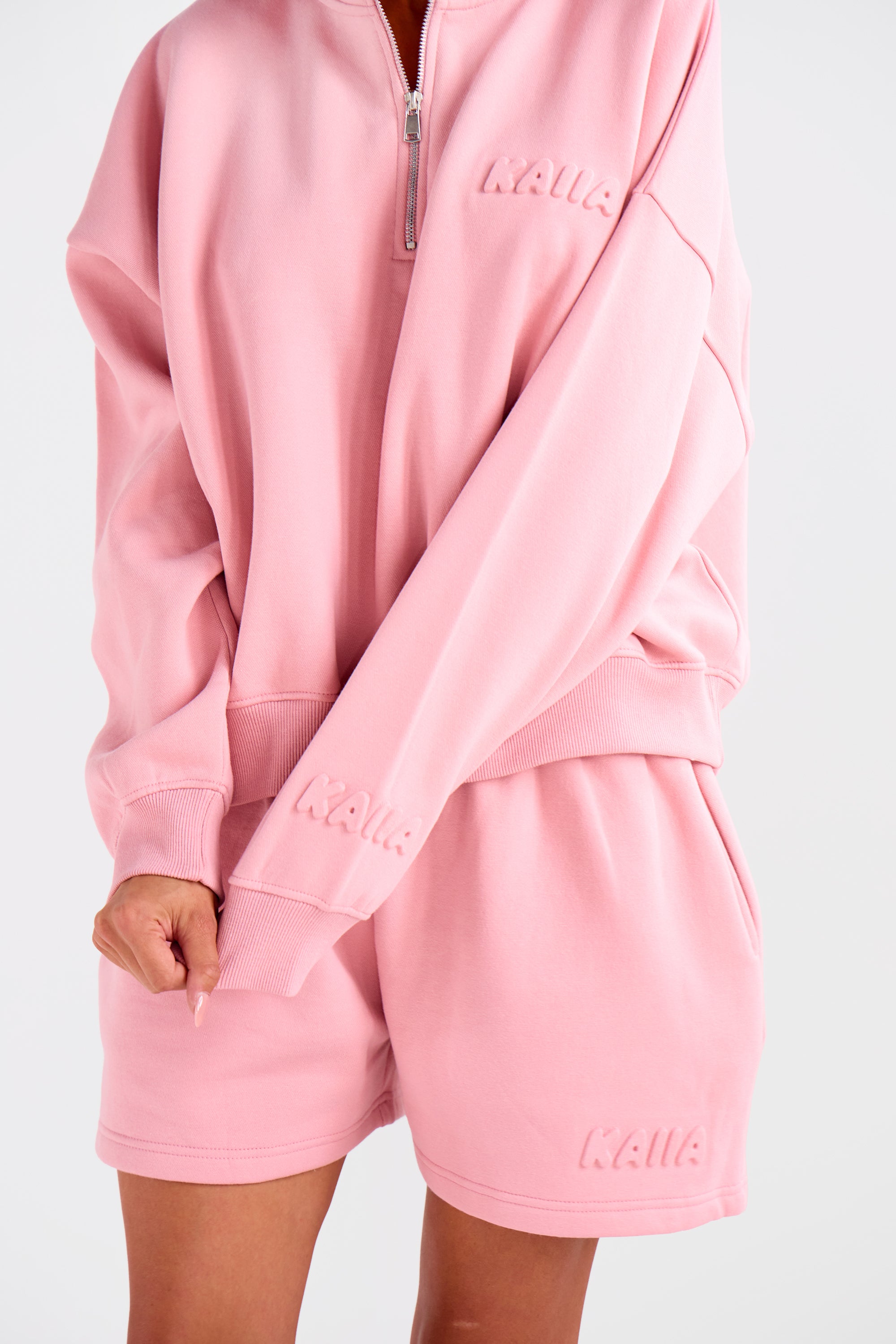 Kaiia Embossed Bubble Logo Quarter Zip Oversized Sweatshirt Dusty