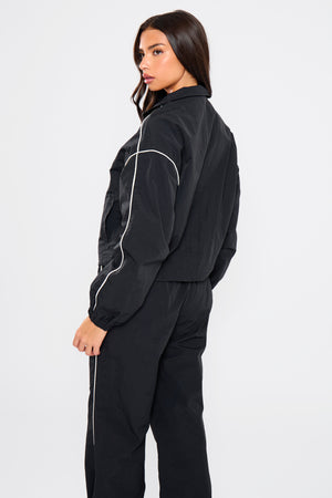 Kaiia Contrast Piping Quarter Zip Track Jacket Black