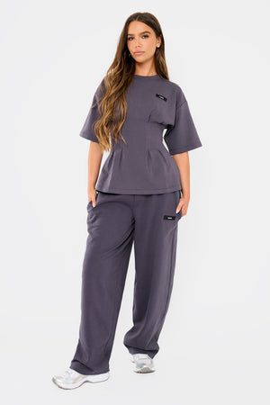 Kaiia Interlock Cinched Waist T-Shirt Midnight Charcoal