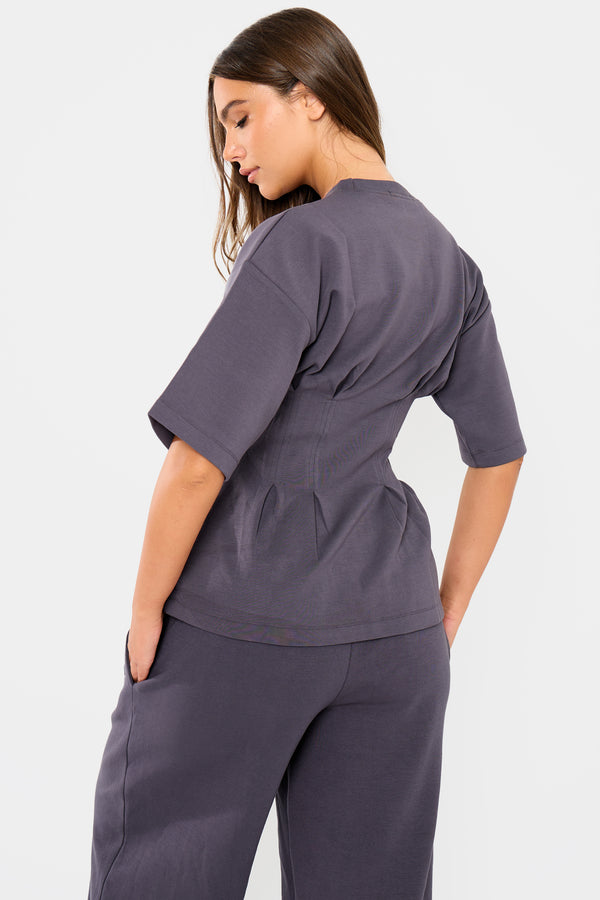 Kaiia Interlock Cinched Waist T-Shirt Midnight Charcoal