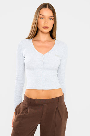 Kaiia Ribbed Henley Long Sleeve Baby Tee Grey Marl