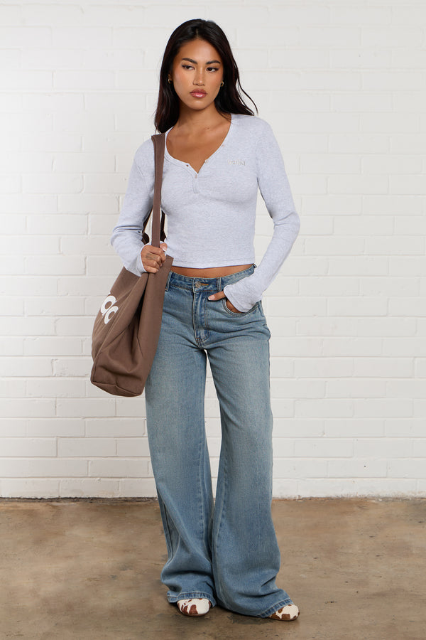 Kaiia Ribbed Henley Long Sleeve Baby Tee Grey Marl