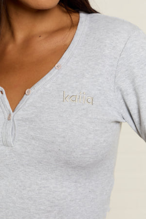 Kaiia Ribbed Henley Long Sleeve Baby Tee Grey Marl