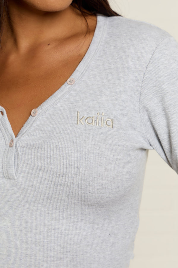 Kaiia Ribbed Henley Long Sleeve Baby Tee Grey Marl