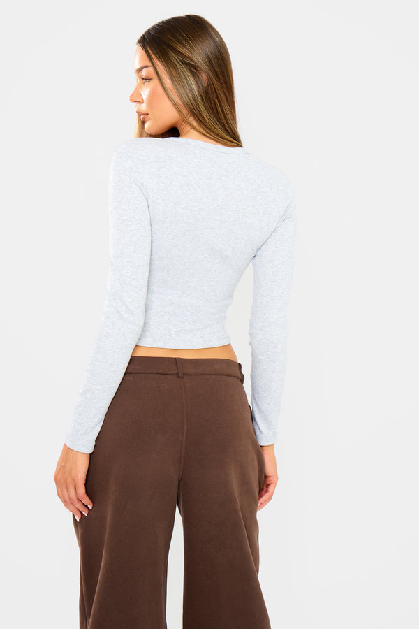 Kaiia Ribbed Henley Long Sleeve Baby Tee Grey Marl