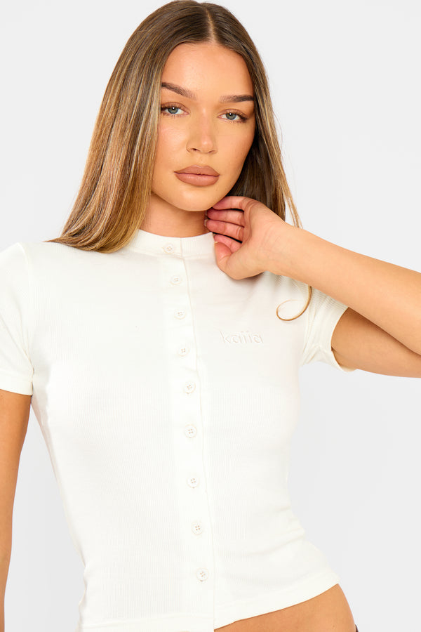 Kaiia Rib Button Up Top Cream