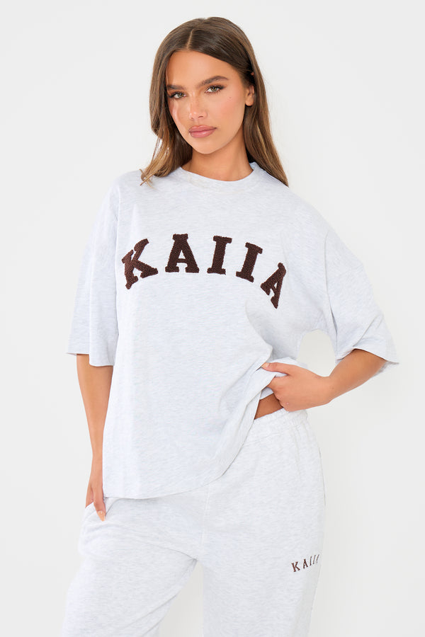 Kaiia Slogan Oversized T-shirt Light Grey Marl & Brown