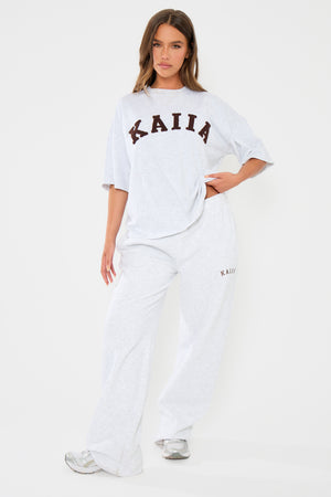 Kaiia Slogan Oversized T-shirt Light Grey Marl & Brown
