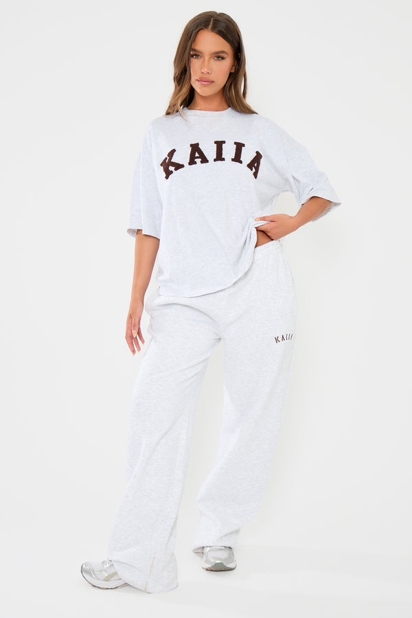 Kaiia Slogan Oversized T-shirt Light Grey Marl & Brown