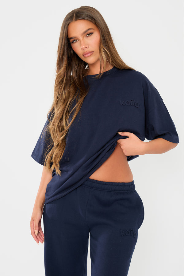 Kaiia Embossed Logo Oversized T-shirt Navy