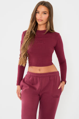 Kaiia Embossed Logo Long Sleeve Baby Tee Dark Cherry