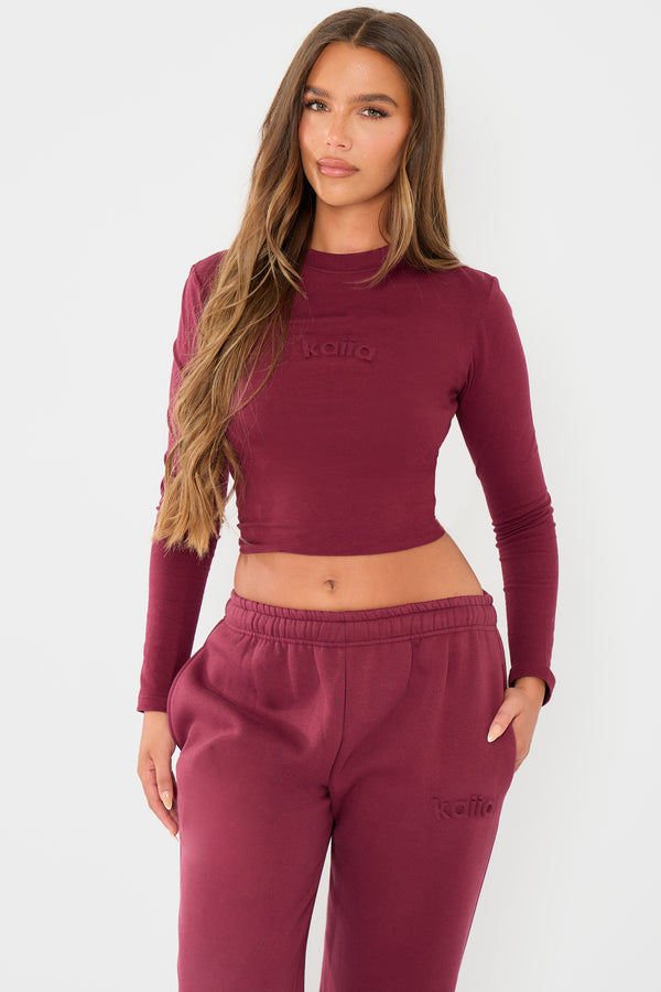 Kaiia Embossed Logo Long Sleeve Baby Tee Dark Cherry