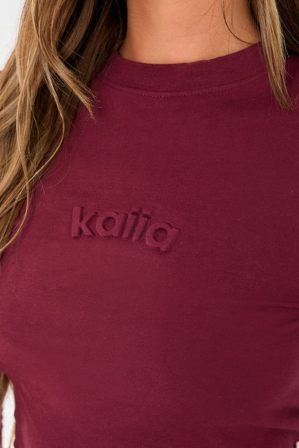 Kaiia Embossed Logo Long Sleeve Baby Tee Dark Cherry