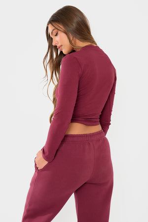 Kaiia Embossed Logo Long Sleeve Baby Tee Dark Cherry